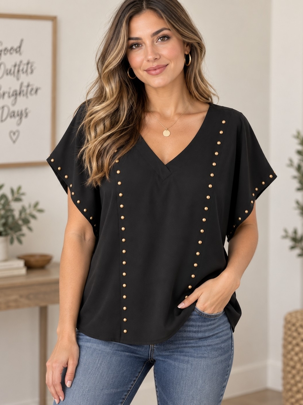 Isabella Rodriguez Black V-Neck Top with Gold Studs